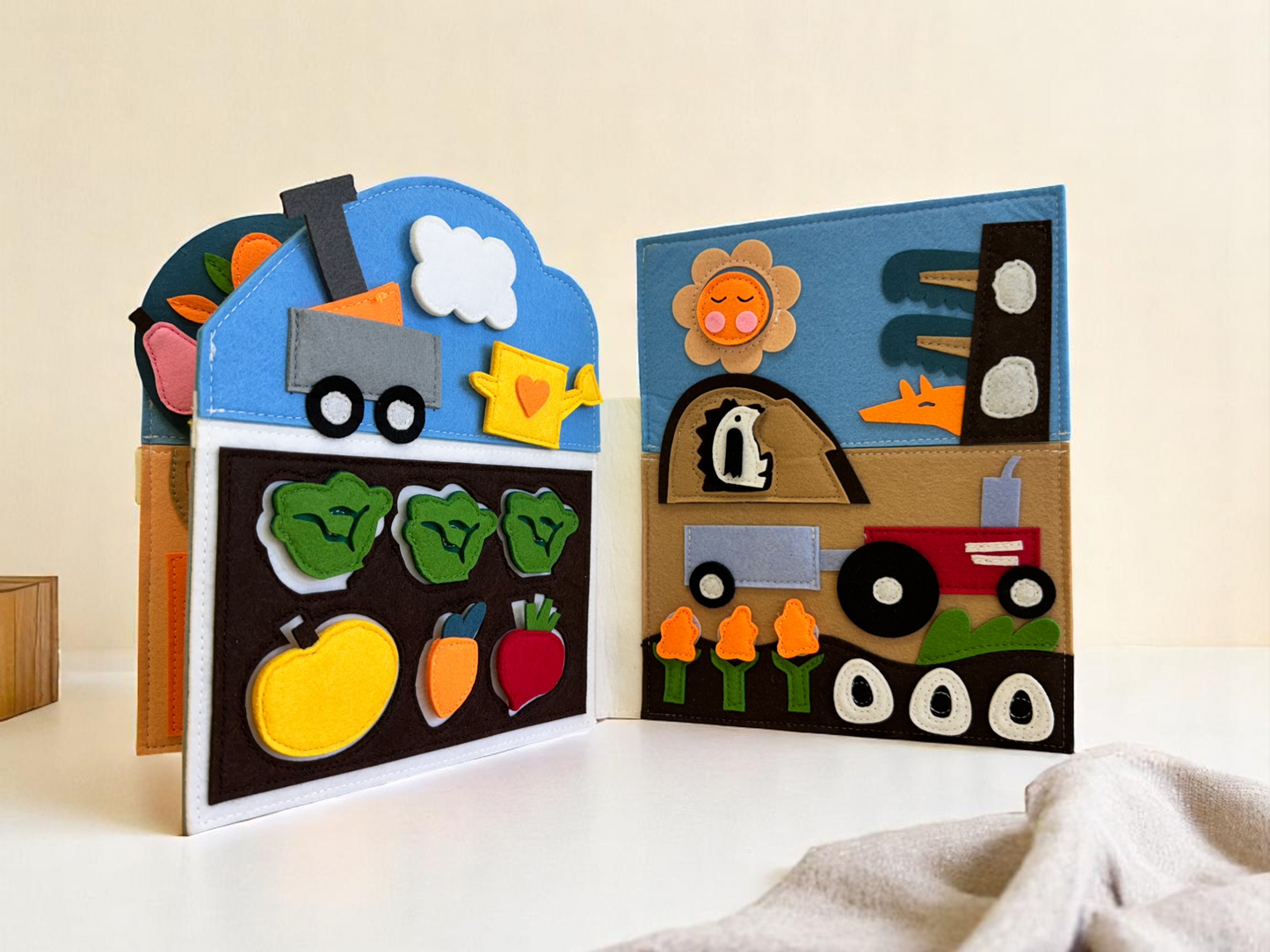 Open felt board with colorful shapes and images