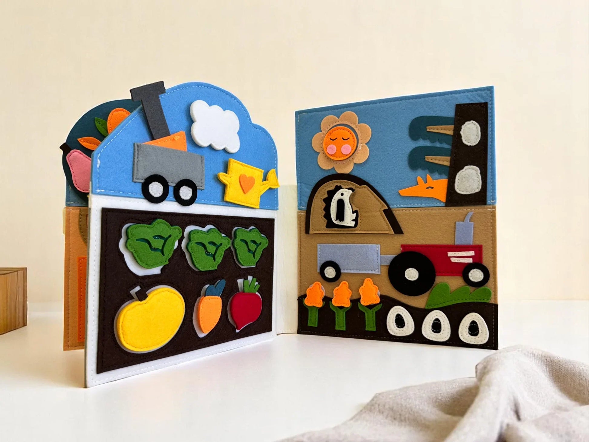 Open felt board with colorful shapes and images