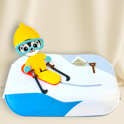 Children's pouch with a cartoon penguin skiing design
